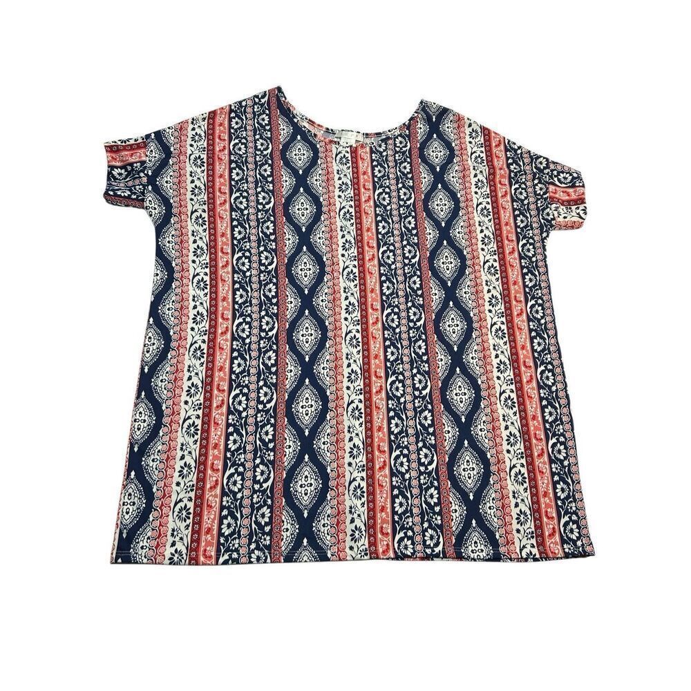 Honey & Lace XL Tunic Top Floral Medallion Medley Border Print Short Sleeve